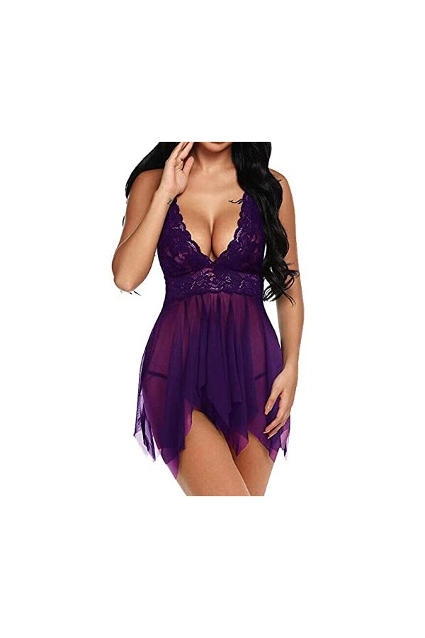ZHIYU Nuisette sexy pour femme - Nuisette avec string - Grandes tailles - Pyjama avec détails en dentelle, lilas, S