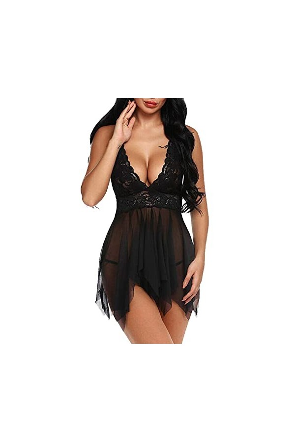 ZHIYU Nuisette sexy pour femme - Nuisette avec string - Grandes tailles - Pyjama avec détails en dentelle, lilas, S