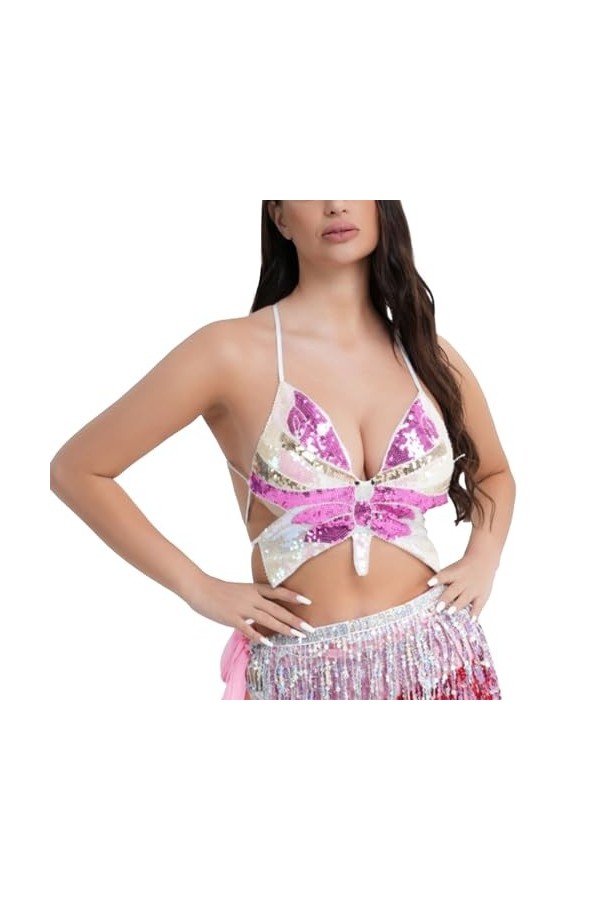 Luckywaqng Porte-jarretelles pour femme avec paillettes et papillons - Noir, Rose, taille unique