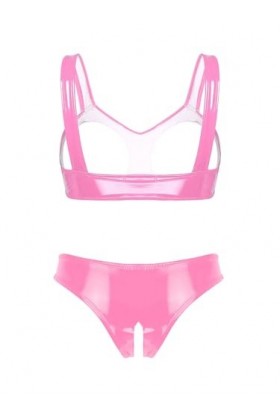 Kaerm Ensemble Lingerie Latex Sexy Femme Demi Soutien-Gorge Seins Nu Dentelle String Ficelle Clubwear sous-Vêtement S-4XL Ros