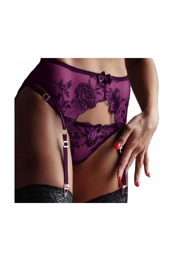 Porte-Jarretelles Sexy Dentelle Femme 4 Pinces Réglables String pour Bas,Sous-Vêtements Bretelles Taille Haute Maille Transpa