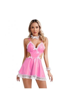 JanJean Costume De Soubrette Femme Robes En Cuir Verni Avec Tablier Tenue Deguisement Maid Outfits Sexy Wetlook Clubwear Jeux