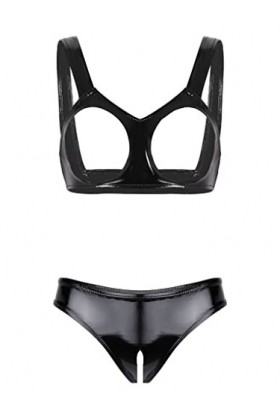 Kaerm Ensemble Lingerie Latex Sexy Femme Demi Soutien-Gorge Seins Nu Dentelle String Ficelle Clubwear sous-Vêtement S-4XL Noi