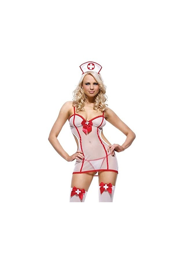 Girspov Robe duniforme dinfirmière coquine à bretelles - Robe sexy en maille - Dos ouvert - Costume de docteur - Cosplay - 