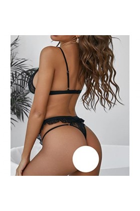 ROSVAJFY Ensemble Lingerie Sexy en Dentelle Femme sous-Vêtements Transparents 2 Pièces Soutien-Gorge Col V Culotte à Volants 