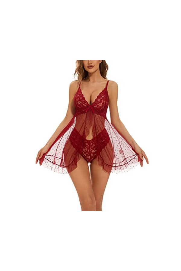 Sykooria Femmes Ensemble de Lingerie Erothique Sexy Dentelle Ensemble sous-Vêtement Nuisette String Femme V Col Sensuelle 2 p
