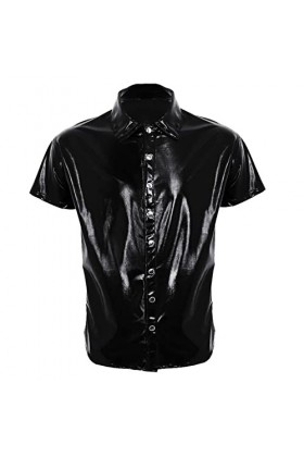 T-shirt en cuir verni pour homme - Effet mouillé - Aspect laqué - En cuir synthétique - Latex - En latex pur - Brillant - Pou