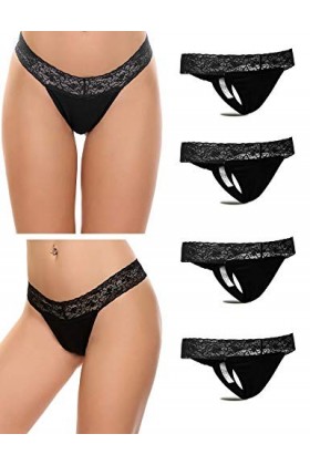 Ekouaer Ensemble de lingerie 4 pièces pour femme - String sexy - String en dentelle et coton - Noir - XXL, Noir , XXL