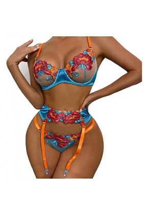 Générique Lingerie Sexy, Femme 3Pcs Floral Embroidery Sheer Mesh Garter Lingerie Set Underwire Bra With Thong Garter Festival