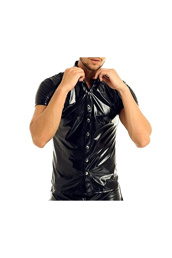 T-shirt en cuir verni pour homme - Effet mouillé brillant - Aspect laqué - Cuir synthétique - Latex - Caoutchouc - Maillot de