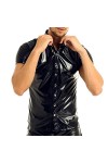 T-shirt en cuir verni pour homme - Effet mouillé brillant - Aspect laqué - Cuir synthétique - Latex - Caoutchouc - Maillot de