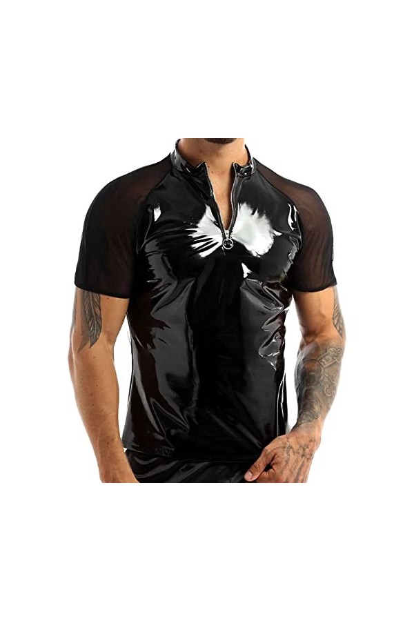 T-shirt en cuir verni pour homme - Effet mouillé brillant - Aspect laqué - Cuir synthétique - Latex - Caoutchouc - Maillot de