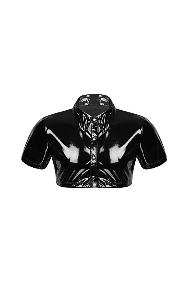T-shirt en cuir verni pour homme - Effet mouillé brillant - Aspect laqué - Cuir synthétique - Latex - Caoutchouc - Maillot de