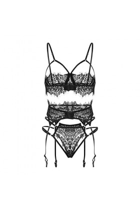 Adorable lingerie en dentelle tendance avec string et bretelles, Noir , XL