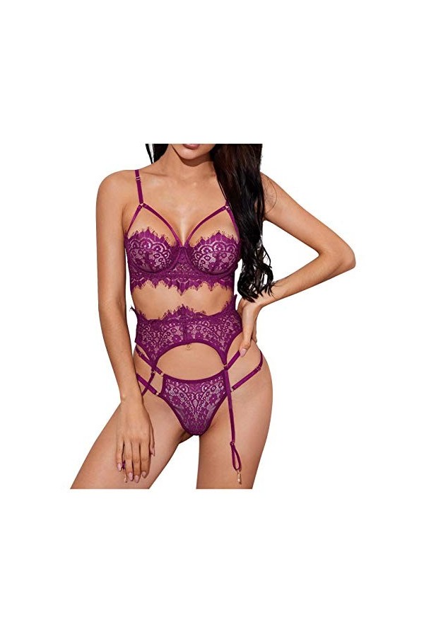 ZHIYU Adorable lingerie en dentelle tendance avec string et bretelles corset en dentelle, Noir , XL