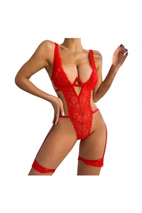 Lingerie Sexy, Femme Erotic Strap Dentelle Nuit Hollow Érotique avec Bretelles en Creuses Anneaux Acier Pyjama Ensemble Linge