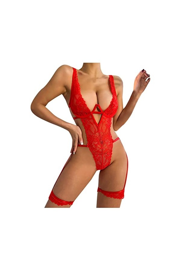 Lingerie Sexy, Femme Erotic Strap Dentelle Nuit Hollow Érotique avec Bretelles en Creuses Anneaux Acier Pyjama Ensemble Linge