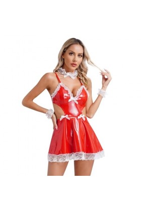JanJean Costume De Soubrette Femme Robes En Cuir Verni Avec Tablier Tenue Deguisement Maid Outfits Sexy Wetlook Clubwear Jeux