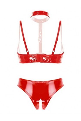 Kaerm Ensemble Lingerie Latex Sexy Femme Demi Soutien-Gorge Seins Nu Dentelle String Ficelle Clubwear sous-Vêtement S-4XL Rou