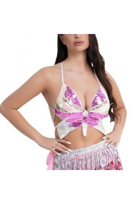 Generisch Ceinture porte-jarretelles longue pour femme avec paillettes et papillons - Haut blanc sexy, Rose, taille unique