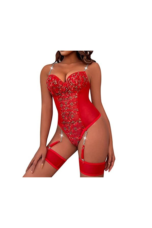 Luckywaqng Femmes Sexy Dentelle Mesh broderie Floral chaîne jarretière Teddy Body avec anneau de jambe, lingerie sexy en nylo