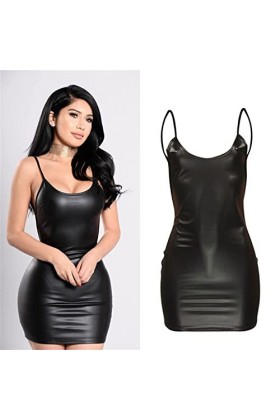 ROSVAJFY Femmes Sexy Lingerie Cuir Babydoll Mini Robe Wetlook,Bodycon Nuisette Moulante en PU Dos Nu avec Jupe,Body sans Manc