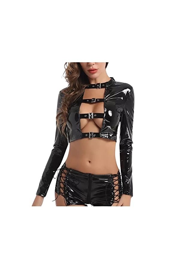 Lingerie Sexy, Femme Maigre Cosplay Dentelle Creux Bracelet Hot Nuit Croisé en Cuir Deux Pièces Suit Ensemble Cuir Pyjama sou