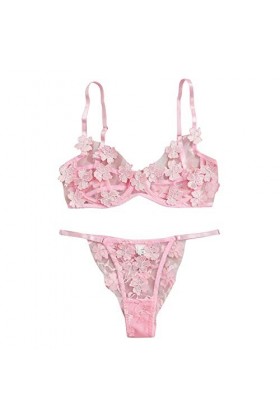 DUHGBNE Dentelle Fleurs String Bustier Sexy G-string Broderie Soutien-gorge Lingerie Sexy, Rose, S