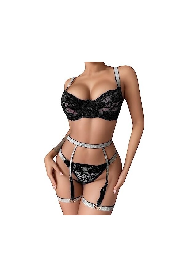 Lingerie Sexy Femme Coquine Hot, Ensemble de Lingerie pour Femmes avec Porte-Jarretelles Soutien-Gorge Sexy et Culotte en Den