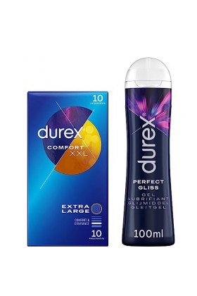 Durex - Lot de Préservatifs et Lubrifiant - 1 Boîte de Préservatifs Confort XXL x10 - Gel Lubrifiant Perfect Gliss 100ml