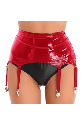 YUUMIN Femme Sexy Jupe Porte-Jarretelles en Similicuir Brillant Wetlook Jupe Porte-Jarretelles Taille Haut avec 4 Boucles Hot