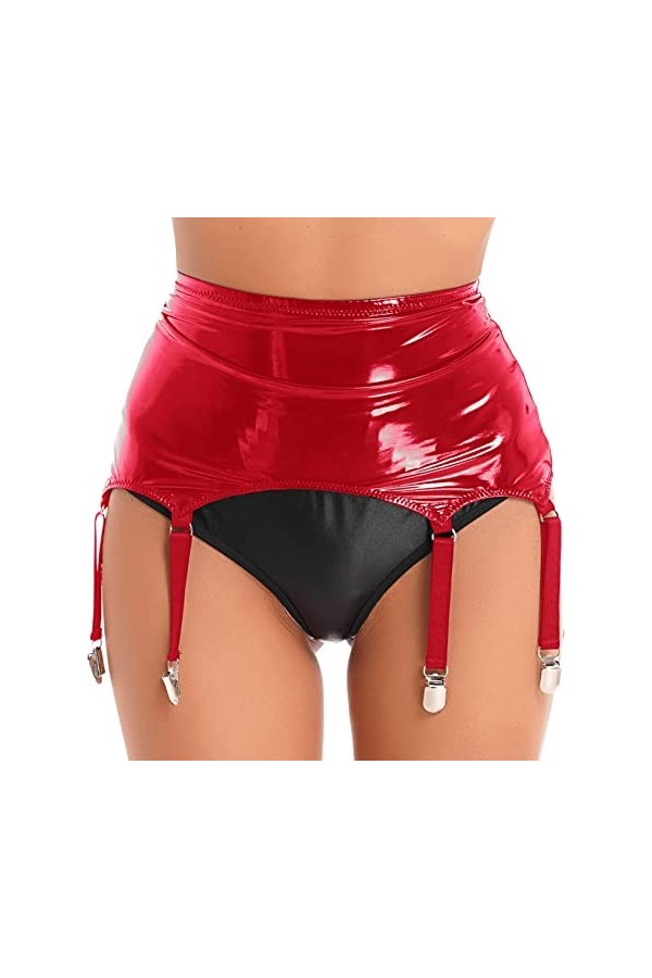 YUUMIN Femme Sexy Jupe Porte-Jarretelles en Similicuir Brillant Wetlook Jupe Porte-Jarretelles Taille Haut avec 4 Boucles Hot