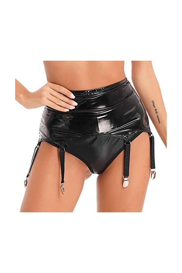 YUUMIN Femme Sexy Jupe Porte-Jarretelles en Similicuir Brillant Wetlook Jupe Porte-Jarretelles Taille Haut avec 4 Boucles Hot