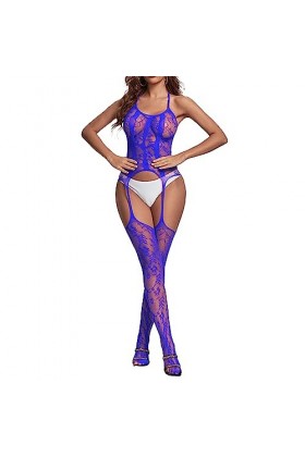 ZDJSWJ Femmes sous-vêtements Fishing Net Doll Mini Robe Ouverte Poitrine Basse Manches Longues Collants Mesh Doll Body Bleu,