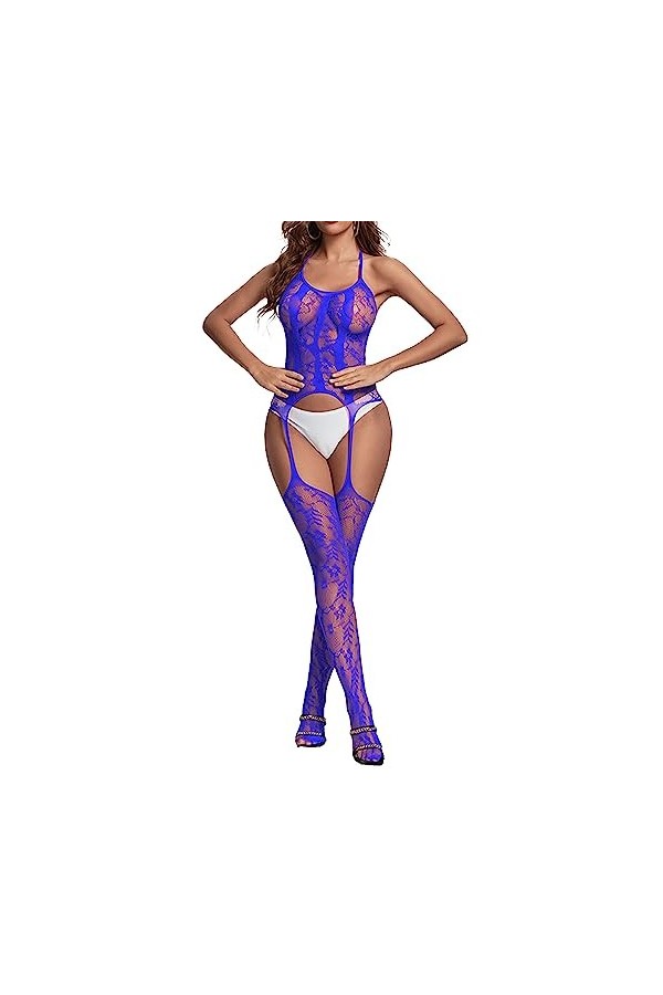 ZDJSWJ Femmes sous-vêtements Fishing Net Doll Mini Robe Ouverte Poitrine Basse Manches Longues Collants Mesh Doll Body Bleu,
