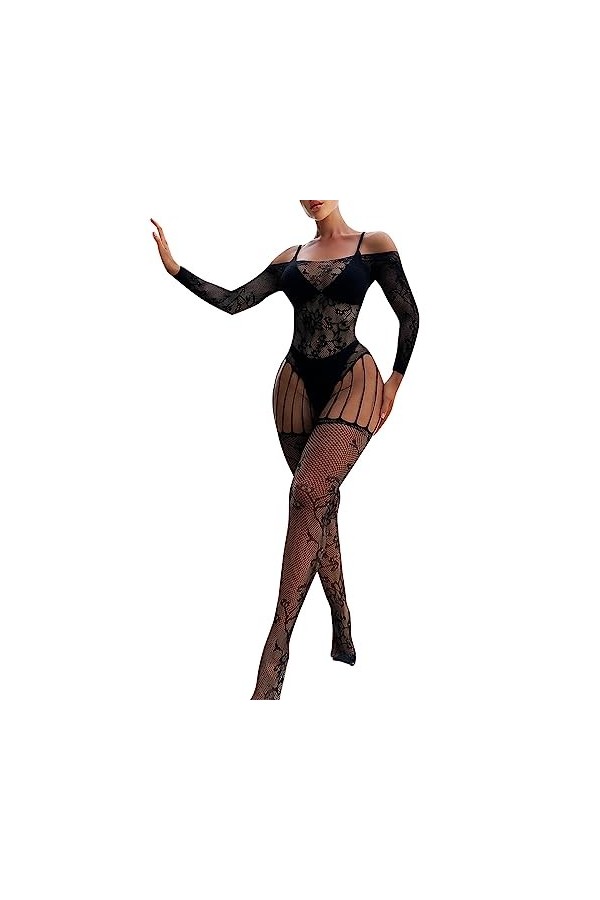 Keepwin Combinaison pour femme Jacquard transparent avec bretelles ouvertes avec File Ouvert Mannequin, Noir , Taille Unique