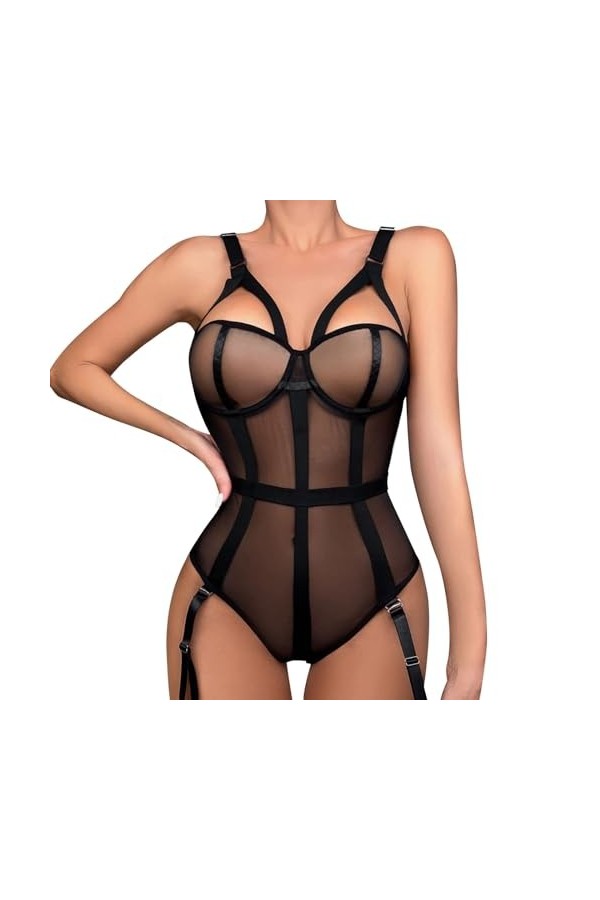 Lingerie Sexy Femme Coquine Hot Ouverte, Ensemble de Lingerie Sexy pour Femme avec Porte Jarretelles Soutien Gorge et Culotte