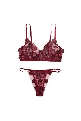 DUHGBNE Dentelle Fleurs String Bustier Sexy G-string Broderie Soutien-Gorge Corset Barres en Acier, Bordeaux, S