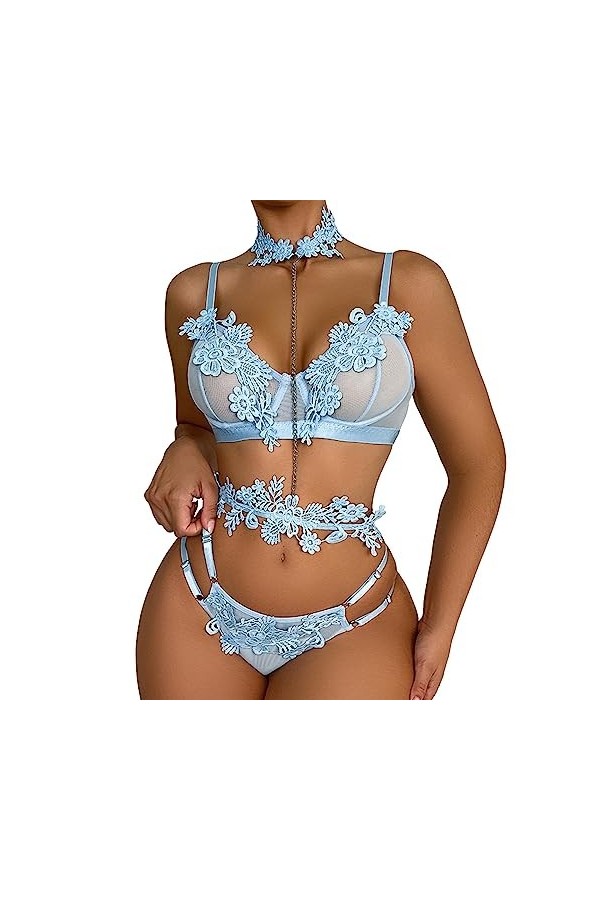 Lingerie Sexy Femme Coquine Hot, Ensemble de Lingerie Sexy pour Femme avec Porte Jarretelles Soutien Gorge et Culotte en Mail