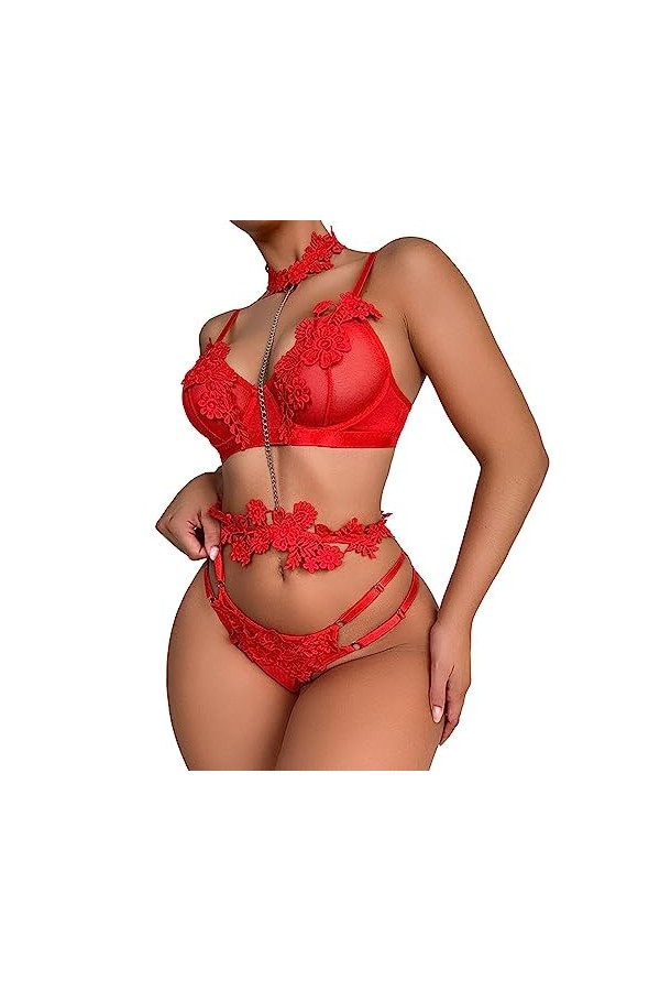 Lingerie Sexy Femme Coquine Hot, Ensemble de Lingerie Sexy pour Femme avec Porte Jarretelles Soutien Gorge et Culotte en Mail