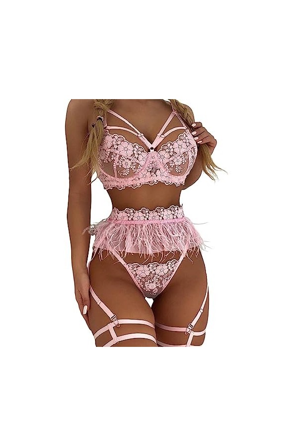 Lingerie Sexy Femme Coquine Hot, Ensemble de Lingerie Sexy pour Femme avec Porte Jarretelles Soutien Gorge et Culotte en Mail