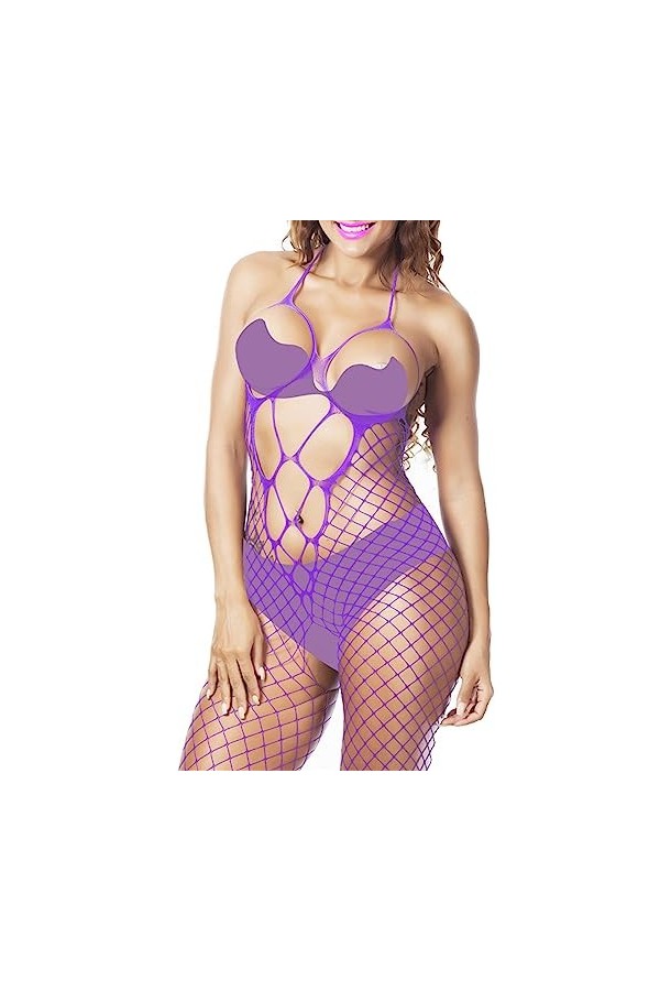 ZDJSWJ Femmes évidée Filet de pêche Collants Robes Body Doll Pyjama Mesh Full Body Socks Lingerie Pyjama Violet,Taille Uniqu