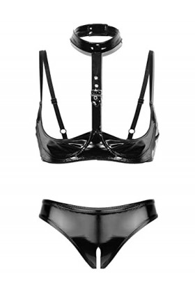 Kaerm Ensemble Lingerie Latex Sexy Femme Demi Soutien-Gorge Seins Nu Dentelle String Ficelle Clubwear sous-Vêtement S-4XL Noi