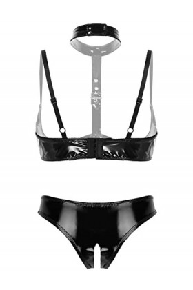 Kaerm Ensemble Lingerie Latex Sexy Femme Demi Soutien-Gorge Seins Nu Dentelle String Ficelle Clubwear sous-Vêtement S-4XL Noi