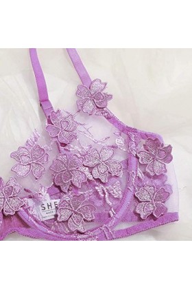 DUHGBNE Dentelle G-string Bralette Bustier Soutien-gorge Charmant Fleurs Broderie Thong Rouge Sexy, lilas, M