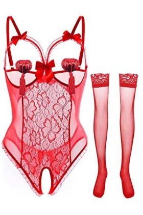 JFAN Femme Dentelle Ensemble de Lingerie Autocollants pour Les Seins Bas de Soie Chemises de Nuit 3 Pièces Rouge