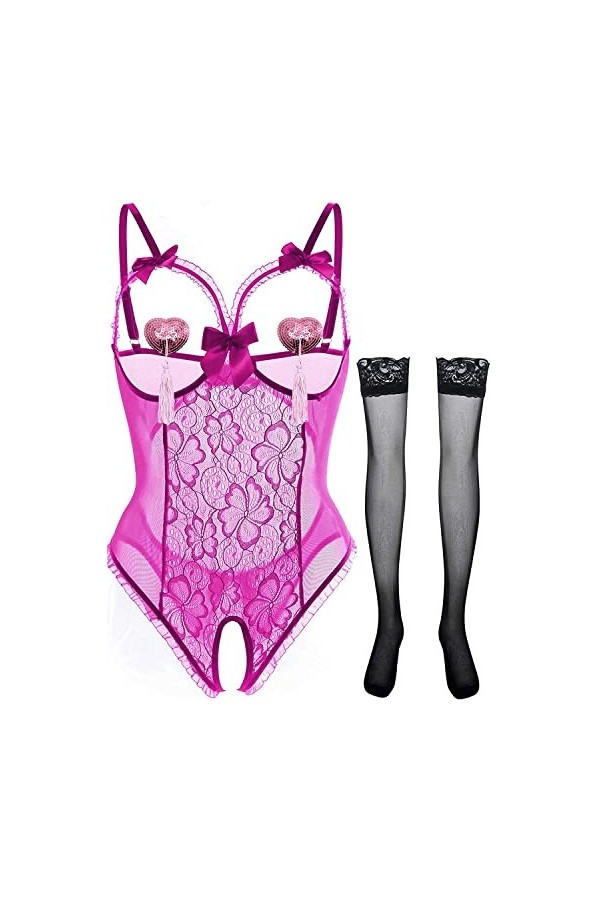 JFAN Femme Dentelle Ensemble de Lingerie Autocollants pour Les Seins Bas de Soie Chemises de Nuit 3 Pièces Rouge