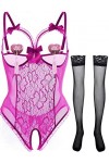 JFAN Femme Dentelle Ensemble de Lingerie Autocollants pour Les Seins Bas de Soie Chemises de Nuit 3 Pièces Rouge