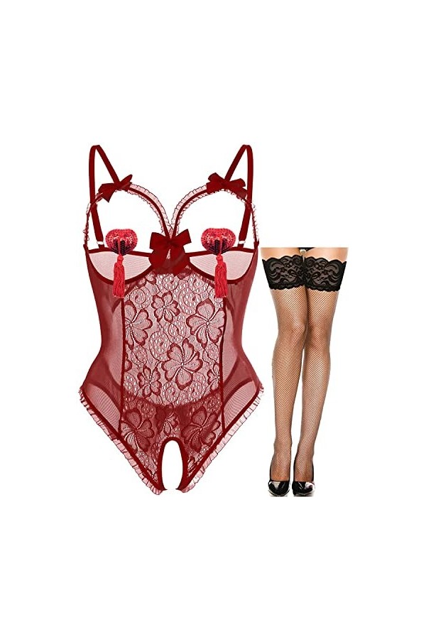 JFAN Femme Dentelle Ensemble de Lingerie Autocollants pour Les Seins Bas de Soie Chemises de Nuit 3 Pièces Rouge