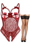 JFAN Femme Dentelle Ensemble de Lingerie Autocollants pour Les Seins Bas de Soie Chemises de Nuit 3 Pièces Rouge